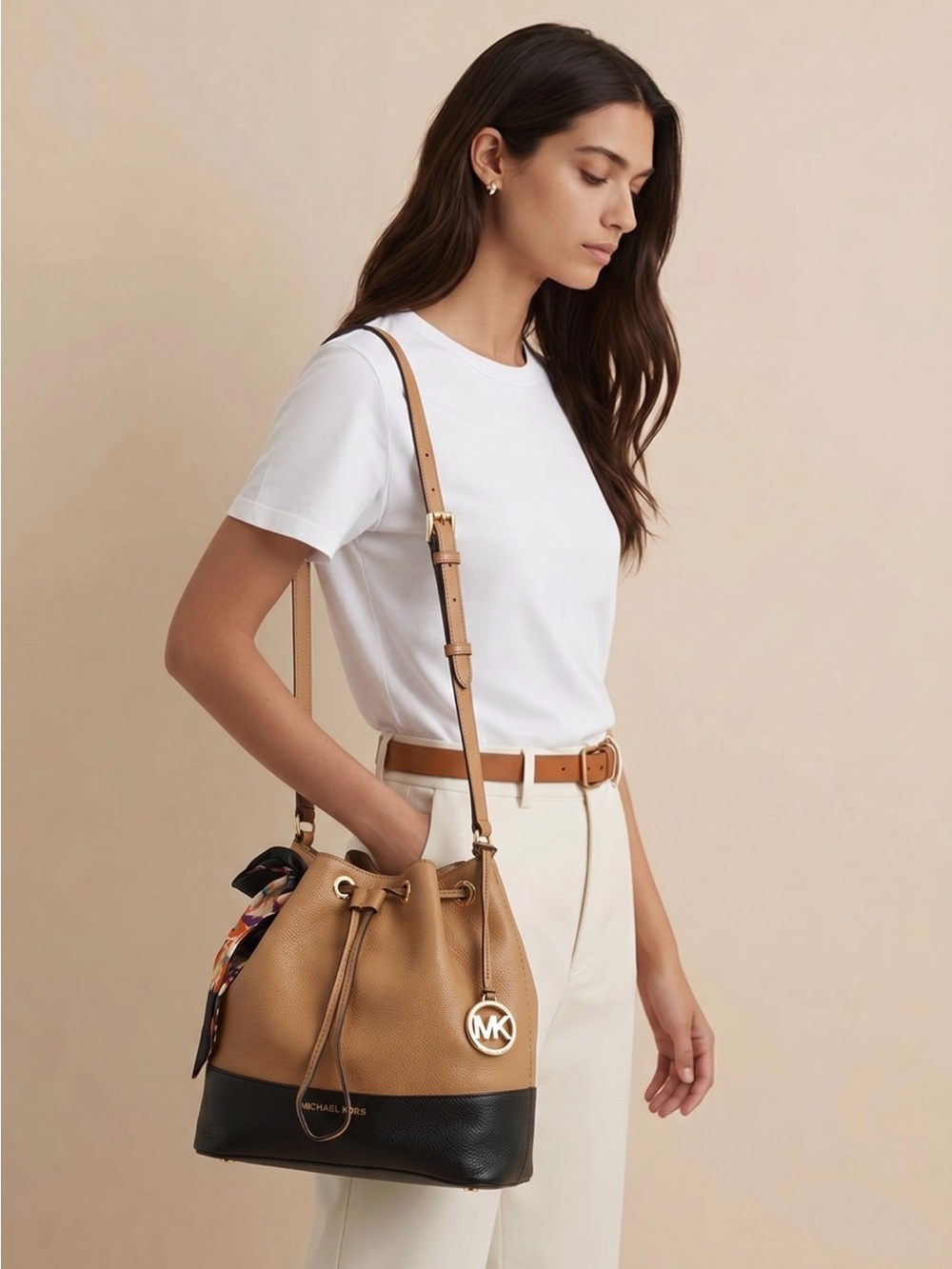Michael Kors Tan and Black Leather Drawstring Shoulder Bag